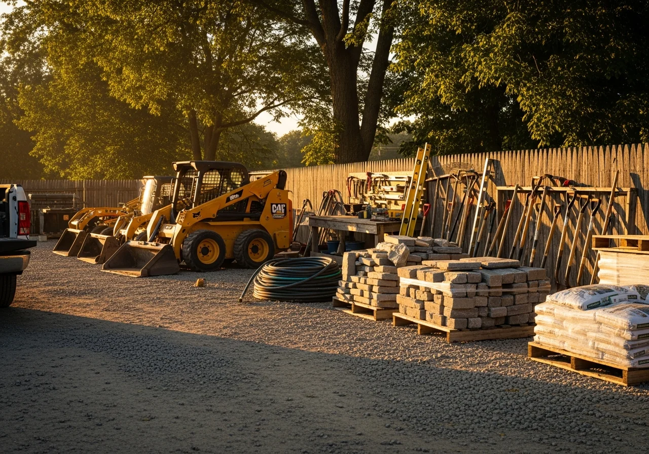 Outdoor work scene showing landscaping tools and equipment ready for property maintenance and site preparation tasks.