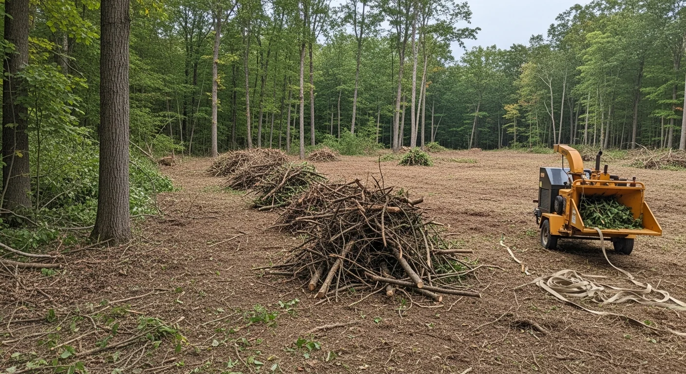 A cleared residential lot in Poughquag, NY showing open ground and removed brush piles along a wooded property edge. Nick's Property Maintenance land clearing work visible with clean fence line and no remaining undergrowth.