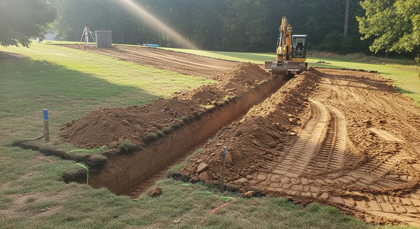 Excavated drainage trench running along the side of a residential property in Poughquag, NY, with graded soil directing water away from the home's foundation. A Nick's Property Maintenance crew member inspects the completed trench line on a Dutchess County residential lot.