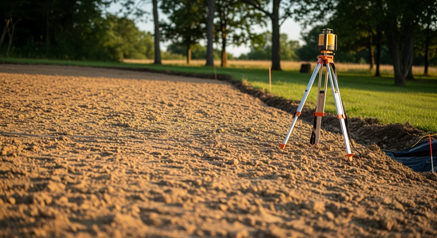 A graded residential yard in Poughquag, NY showing a smooth, sloped lawn surface with water directed away from the home's foundation. An excavator and compacted soil are visible in the background on a Dutchess County property.