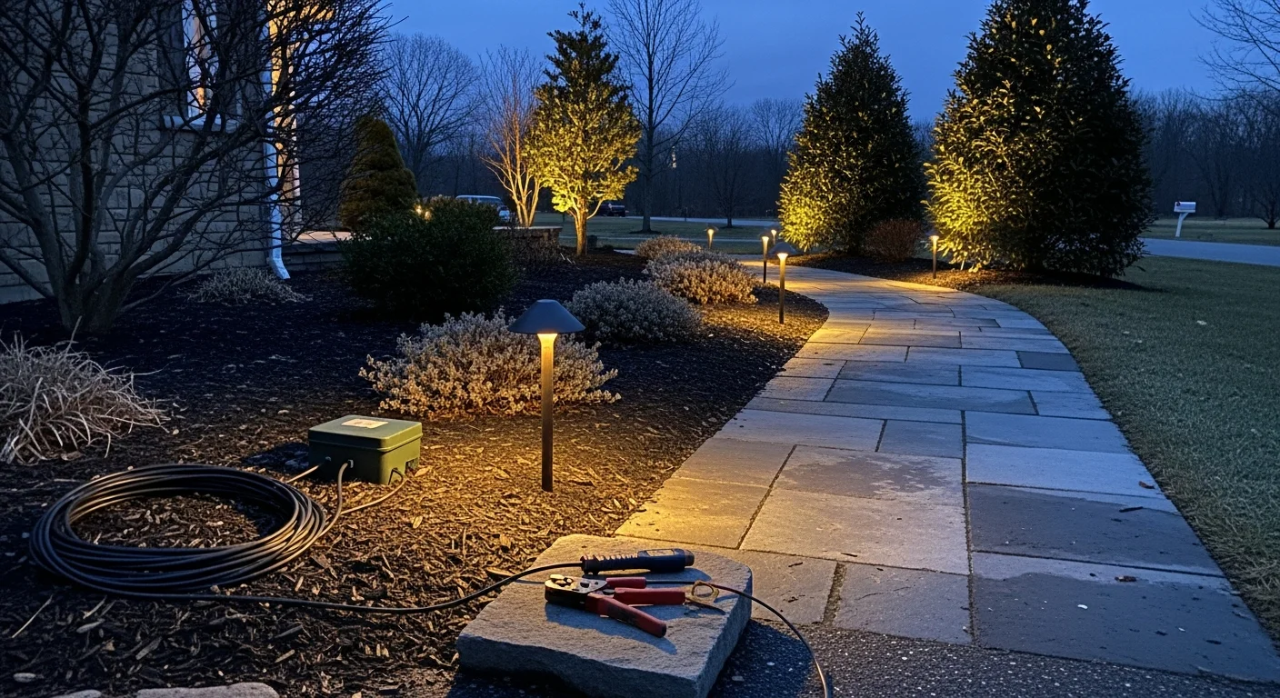 Landscape lighting installation at a residential property in Poughquag, NY, with path lights lining a front walkway and accent fixtures illuminating mature trees and garden beds at dusk. Nick's Property Maintenance crew positions low-voltage fixtures along the edge of a lawn bordered by established plantings.