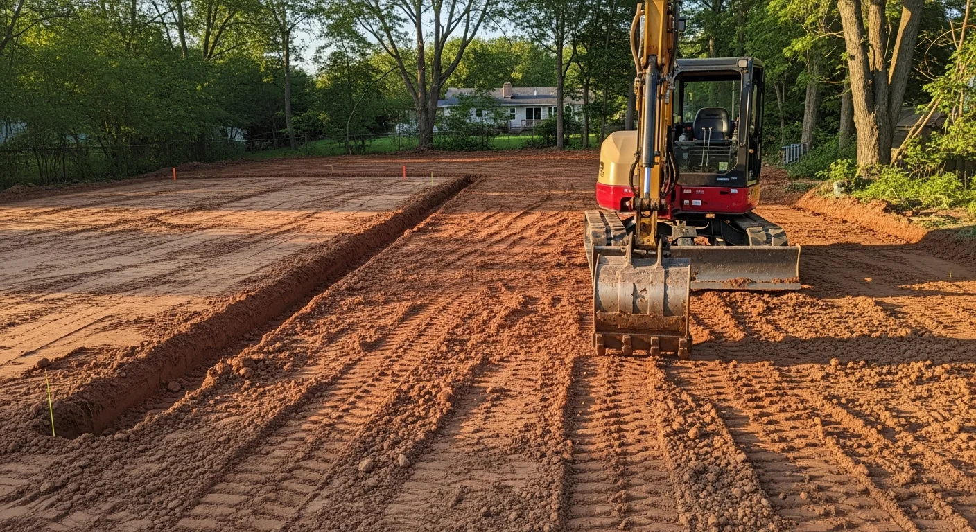 A compact excavator grading a residential yard in Poughquag, NY, with freshly cut soil and a leveled ground surface visible in the foreground. The surrounding lawn and tree line remain undisturbed along the property edge.