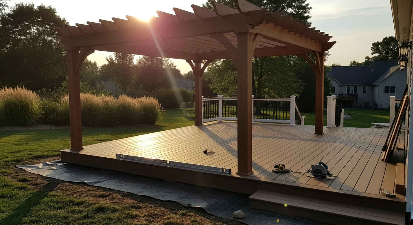 A newly installed pergola and stone retaining wall in a sloped residential backyard in Poughquag, NY. The hardscape structure sits on a level compacted base with clean stone edging along the yard's grade change.