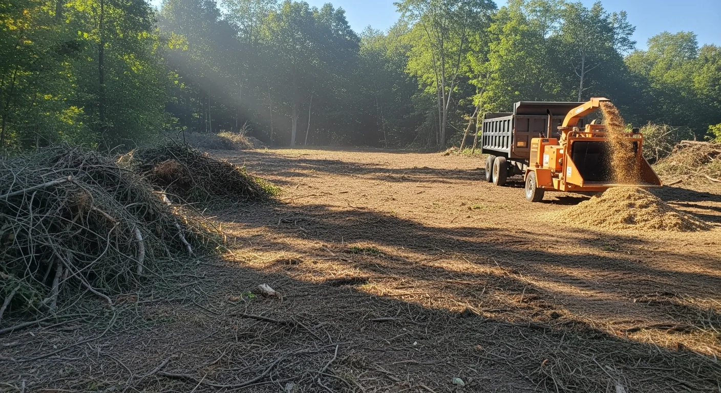 A cleared residential lot in Poughquag, NY showing removed brush, cut stumps, and open ground after overgrown property cleanup. Dense woody vegetation and debris have been fully removed, leaving a clean and accessible parcel.