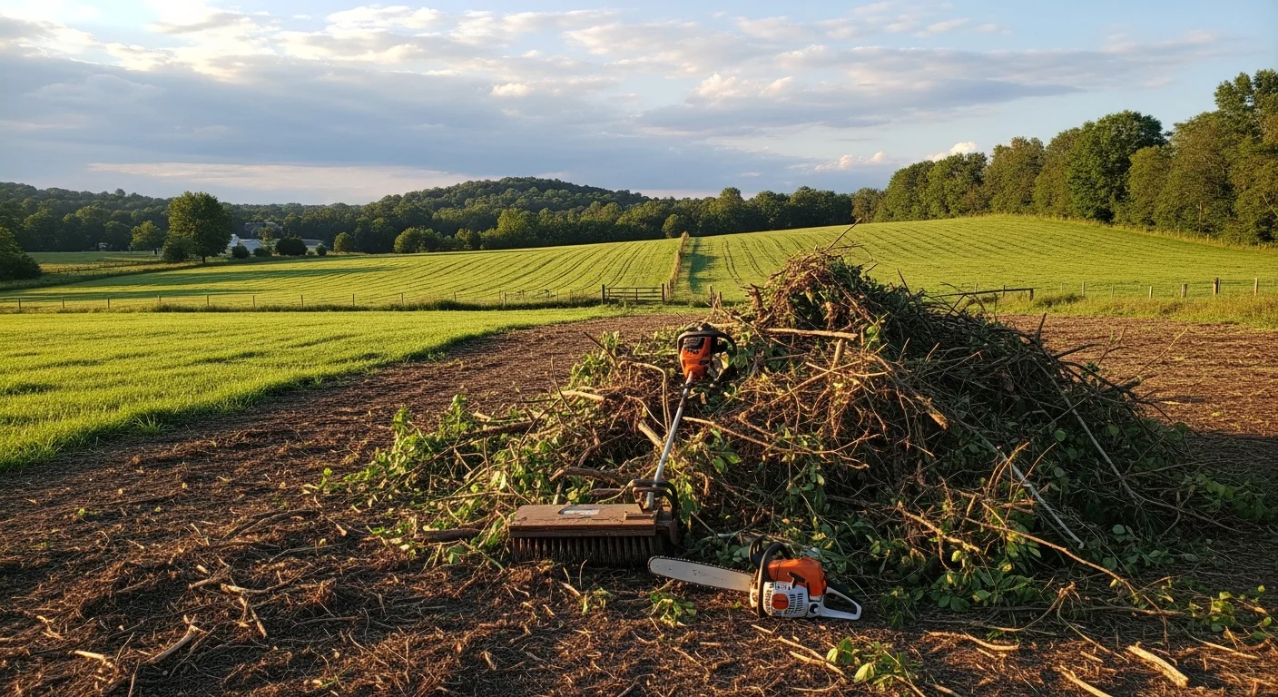 A cleared pasture field in Poughquag, NY with open ground, trimmed brush lines along the fence, and no overgrowth visible across the acreage. Nick's Property Maintenance land clearing equipment is staged at the field edge after completing a pasture cleanup job in Dutchess County.