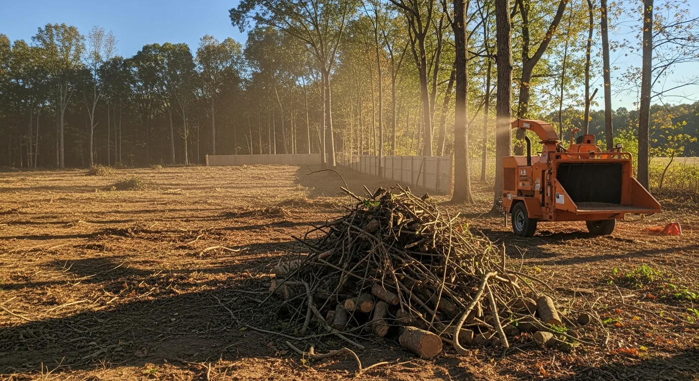 A Poughquag, NY residential property after land clearing, showing open ground with removed brush piles and cleared tree lines along the lot boundary. A wooded hillside typical of Dutchess County sits in the background.