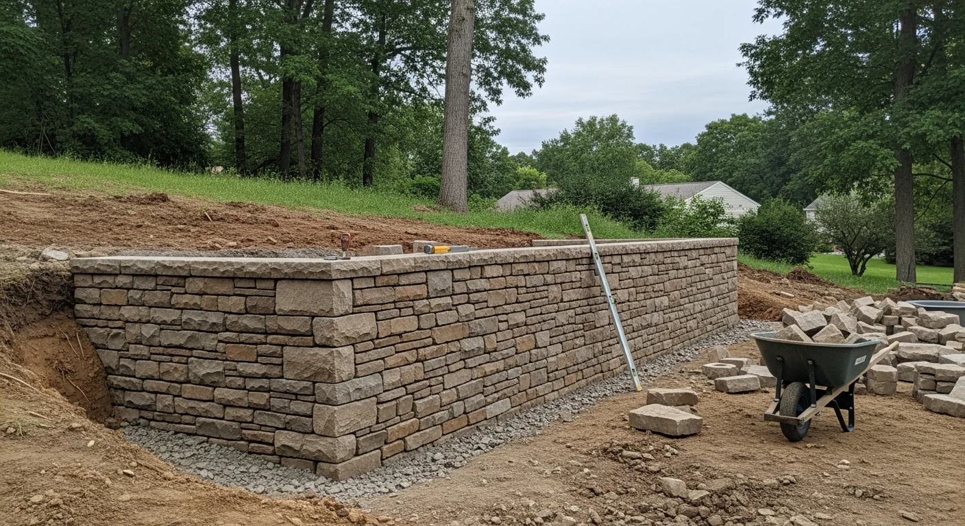 A freshly constructed stone retaining wall on a sloped residential property in Poughquag, NY, with leveled lawn area above and clean grading below. Nick's Property Maintenance hardscape work showing structured tiers holding back a hillside yard in Dutchess County.