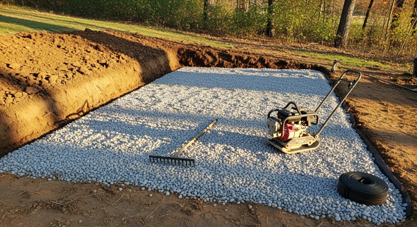 A freshly installed gravel shed pad on a residential property in Poughquag, NY, with a level compacted stone surface and clean edges ready for shed placement. The surrounding yard shows graded soil sloping away from the pad to direct water drainage.