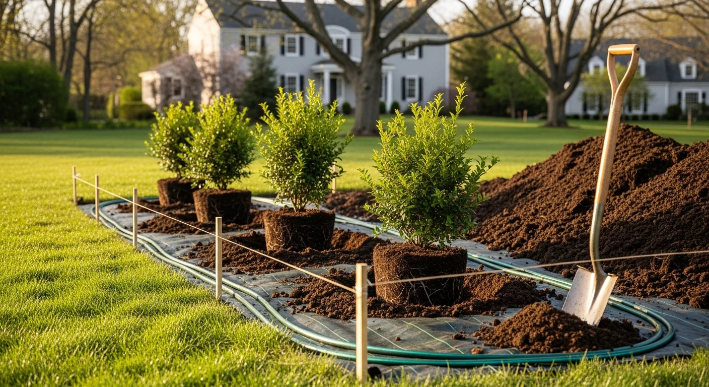 Freshly planted shrubs and bushes lining the front yard of a single-family home in Poughquag, NY, with mulched planting beds and a residential lawn in the background. A Nick's Property Maintenance crew member is visible firming soil around a newly installed shrub near the property border.