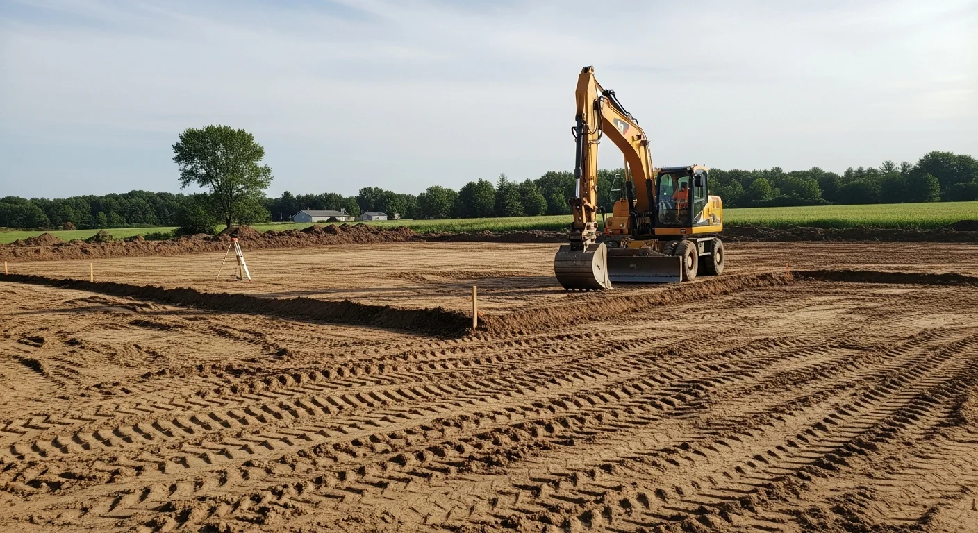 A Poughquag, NY residential lot after site preparation, showing freshly graded and compacted soil with cleared land ready for foundation work. Excavation equipment is visible in the background on a Dutchess County property.