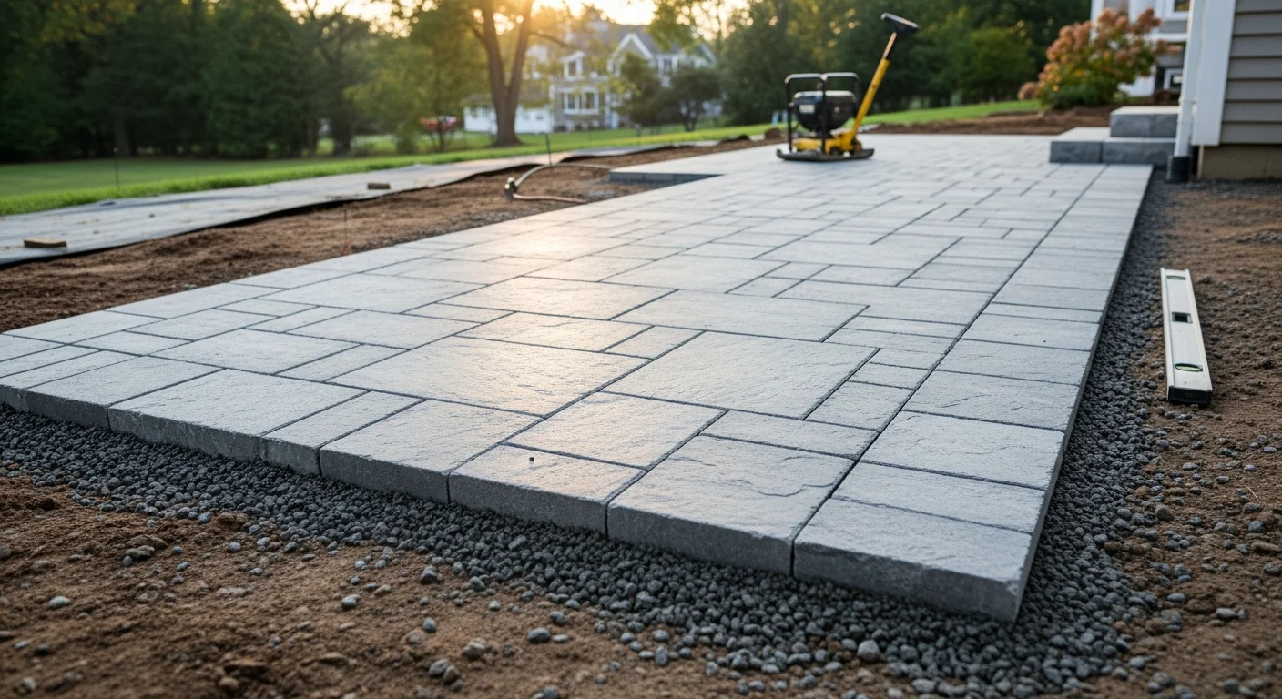 A completed natural stone patio installed in a residential backyard in Poughquag, NY, with level stone surfaces, tight joints, and clean edges bordering a grassy lawn. The patio sits adjacent to the back of a single-family home in Dutchess County, showing proper grading and a defined outdoor living area.