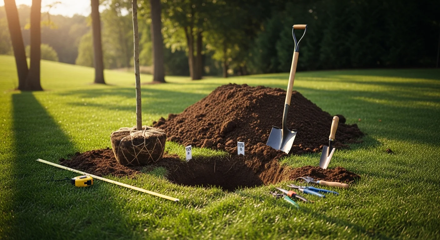 A freshly planted young deciduous tree in the front yard of a single-family home in Poughquag, NY, with tamped soil at the base and a residential lawn in the background. A Nick's Property Maintenance crew member adjusts the tree's position during the planting process on a clear day.