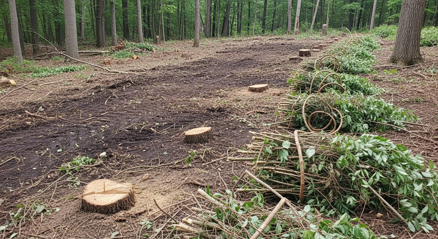 A cleared residential lot in Poughquag, NY showing removed brush and undergrowth with clean ground surface visible. Nick's Property Maintenance vegetation removal work on a wooded Dutchess County property.