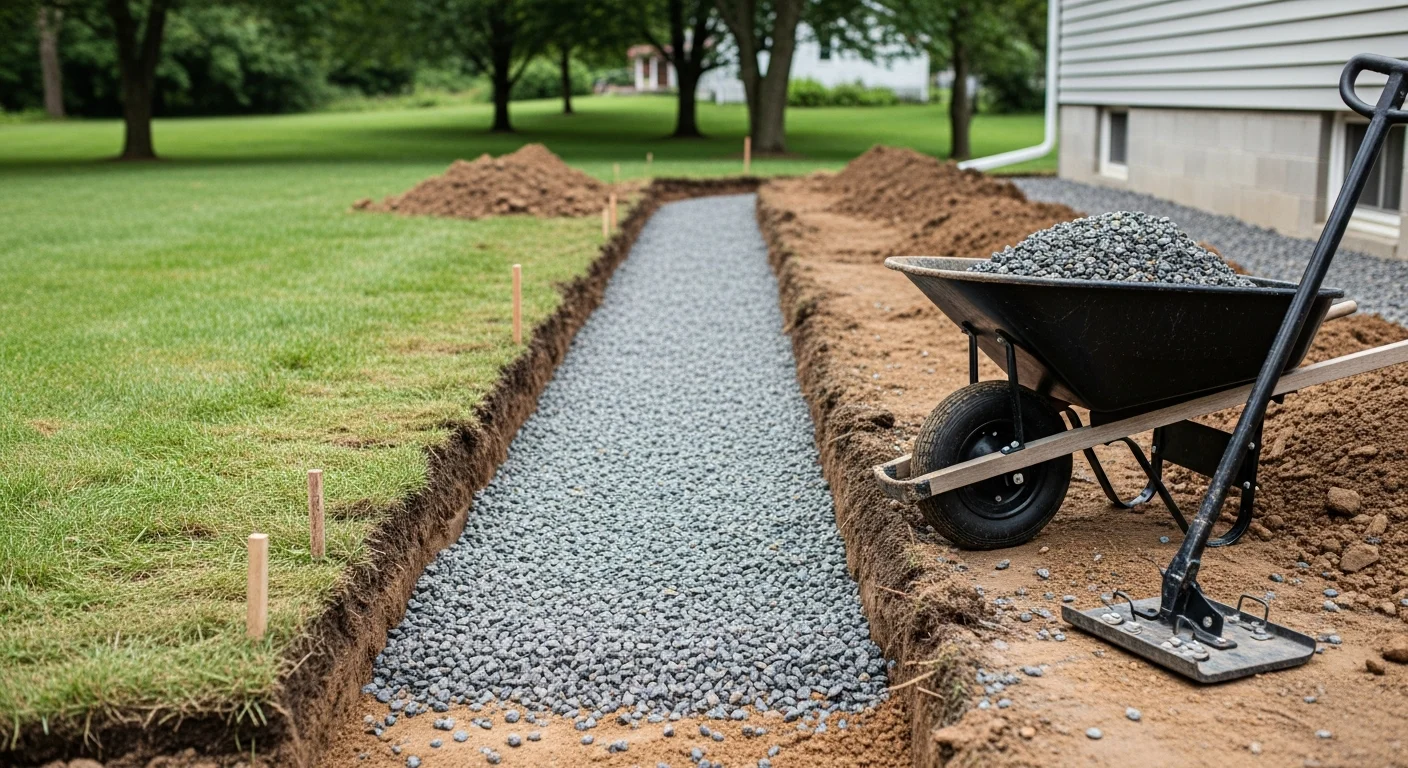 Newly installed stone walkway leading from the driveway to the front entrance of a residential home in Poughquag, NY. The path is level, cleanly edged, and set against a green lawn with a rural Dutchess County backdrop.